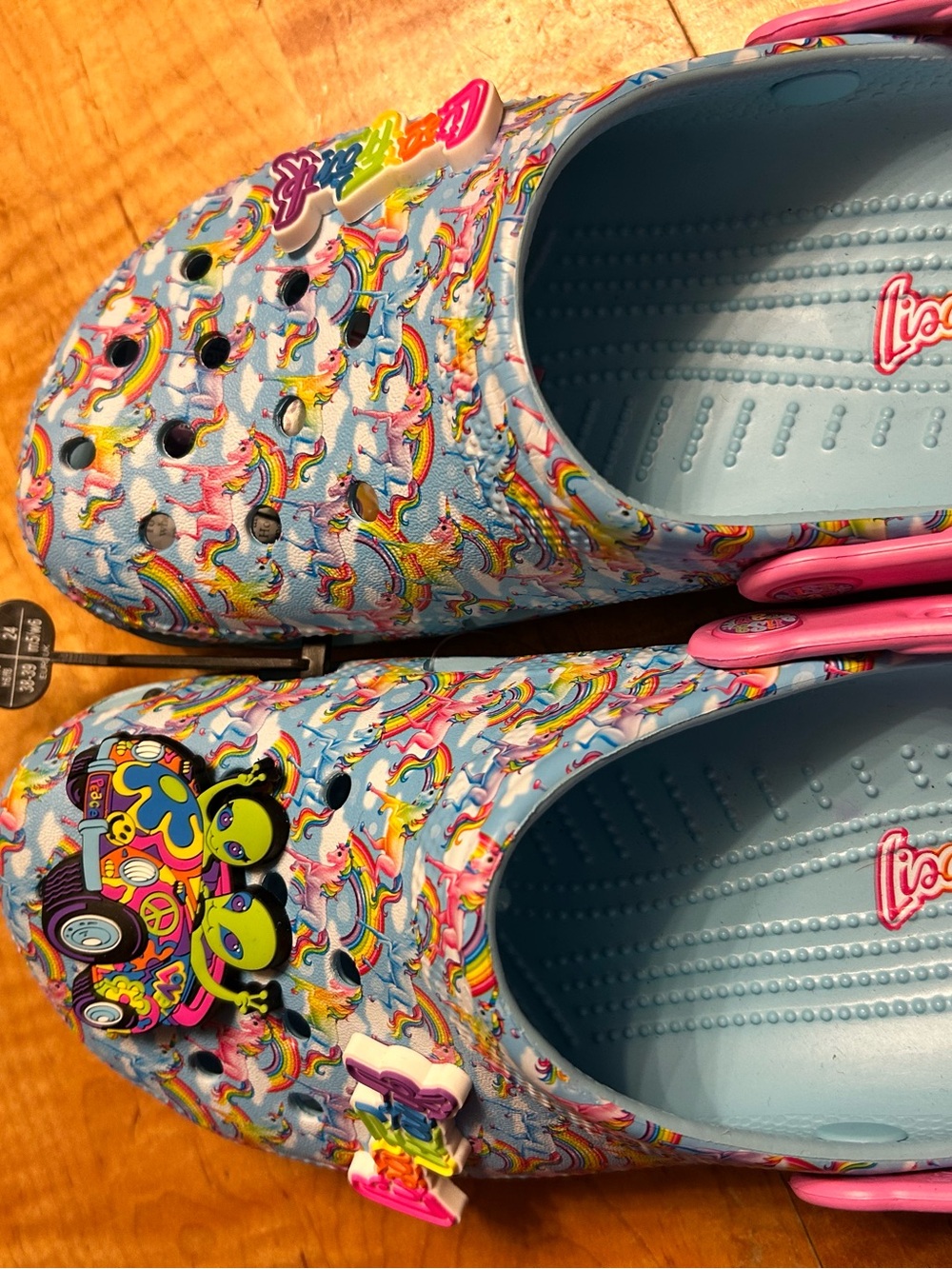 CROCS Light Blue Unicorn & Rainbow Print Clogs with Pink Heel Straps